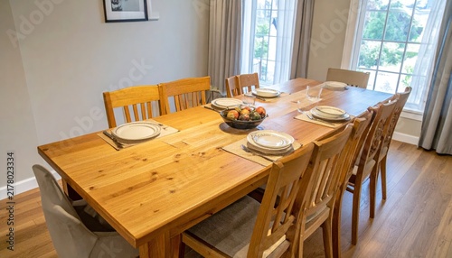 Rustic Wooden Dining Table Set with Plates in Bright Home Dining Room