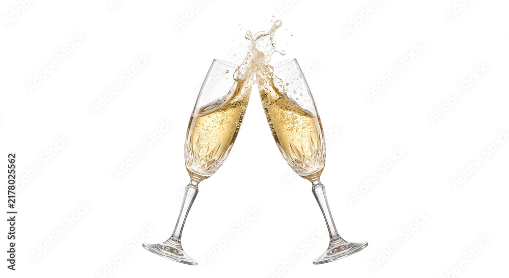 Naklejka premium Two champagne glasses clinking together with a splash of bubbly liquid
