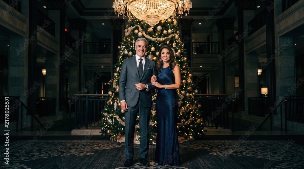 Obraz premium Elegant mature couple standing before a decorated Christmas tree in a luxury hotel lobby. Mature couple wearing formal evening attire attend a festive holiday gala or winter corporate celebration.