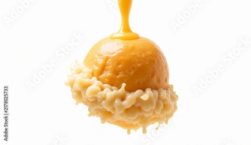 Dripping orange caramel on a cream dessert splash