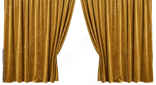 Foto Luxurious golden velvet curtains parted to reveal an empty stage or background