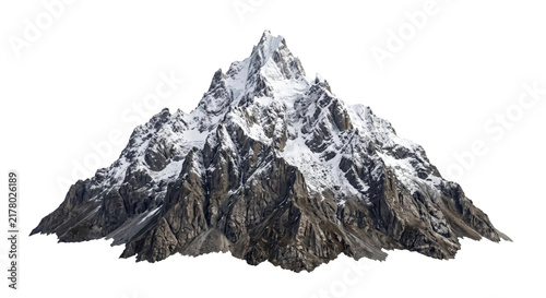 Foto Majestic snow-capped mountain peak with rugged rocky slopes and clear sky