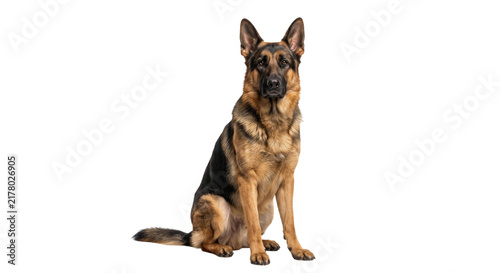 Bild auf Leinwand A regal German Shepherd dog sits attentively on a clean white background