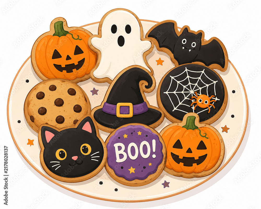 Fototapeta premium Halloween Decorated Cookies with Pumpkin, Ghost, Bat, Witch Hat and Black Cat