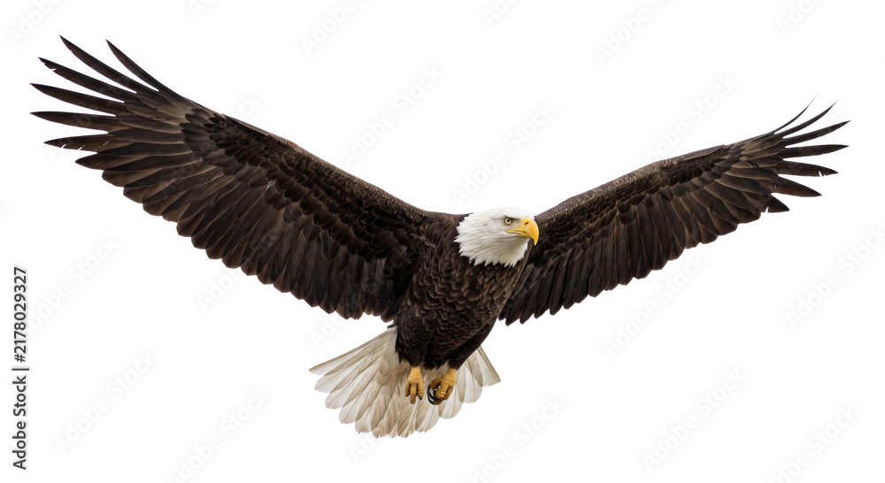 Obraz premium Majestic bald eagle in flight with wings spread wide against a white background