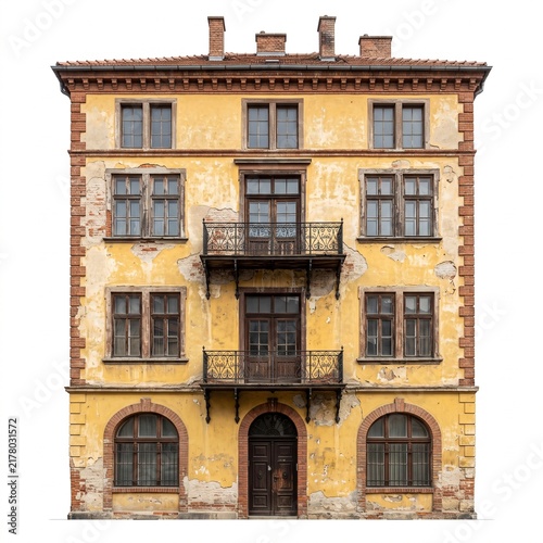 Weathered yellow historic building with ornate balconies and arched windows in old town