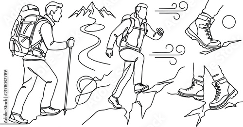 Mountain trekking coloring page featuring active hiker climbing rocks strong backpack hiking boots and windy path