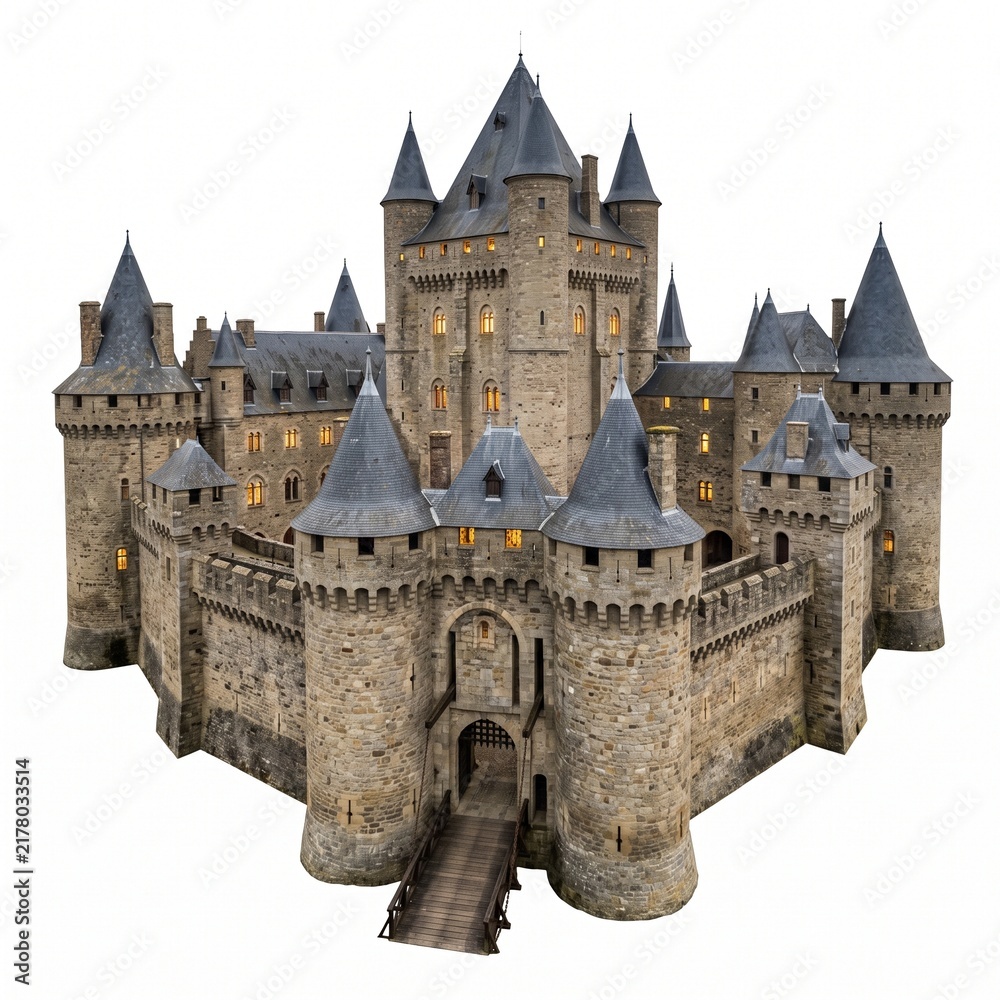 Fototapeta premium Majestic medieval stone castle with illuminated towers at dusk, fairy tale fortress