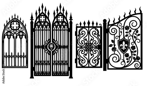 Foto Gothic black wrought iron gate silhouettes with ornate scrollwork spikes arches