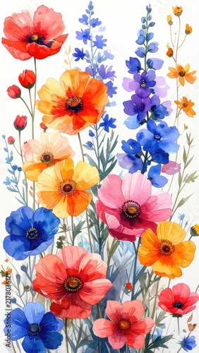 A vibrant watercolor painting of a field of colorful poppies and delphiniums.