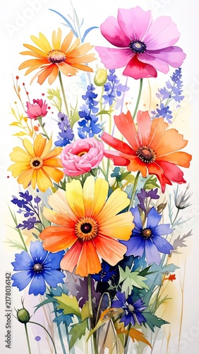 A vibrant watercolor painting of a bouquet of assorted wildflowers in bloom.