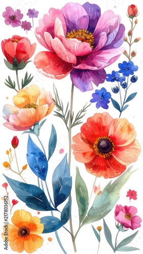 Vibrant watercolor floral arrangement with large and small blossoms and green leaves.