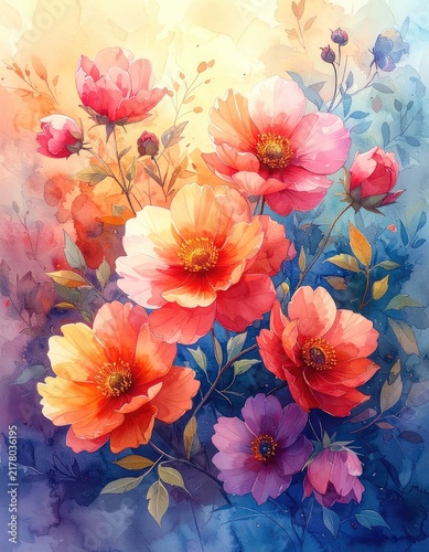 Vibrant watercolor painting of blooming flowers in various shades of pink, orange, and purple.