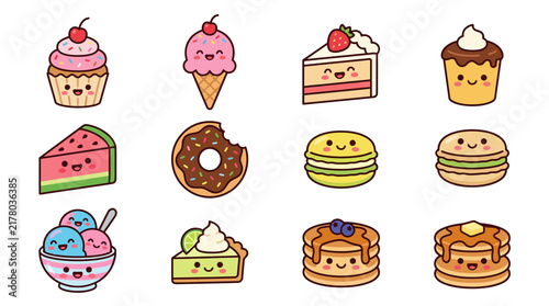 Cute Kawaii Sweets and Desserts Doodle Icons Set.