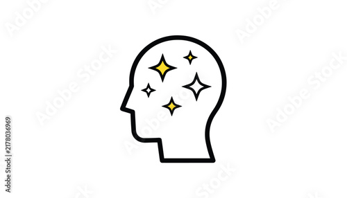 Human head silhouette showing yellow shining stars inside the brain area representing inspiration and creativity.
