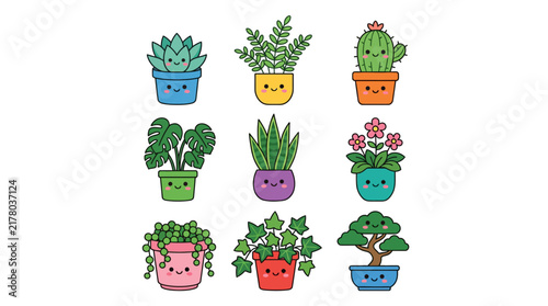 Set of Cute Cartoon Potted Plants with Smiling Faces.