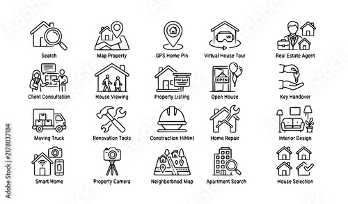 ‎Real Estate Property Search Home Service Thin Line Icons Vector Collection