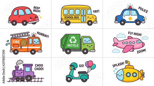 Set of cute cartoon transportation vehicles for kids illustration.