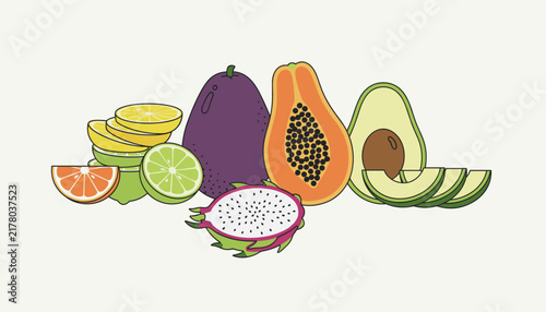 Colorful tropical fruits collection featuring sliced dragon fruit, papaya, avocado, and lime on a plain background.