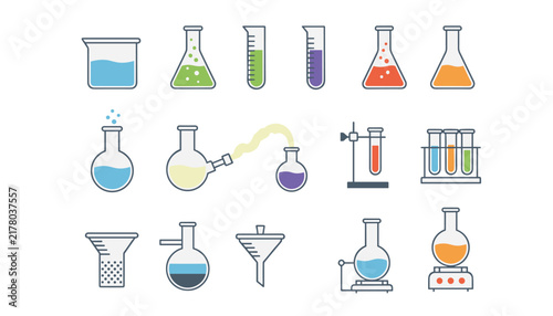 Collection of lab glassware icons containing colorful chemical solutions for scientific research and chemistry design.