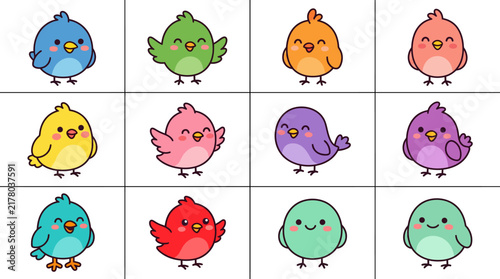 Set of cute colorful cartoon birds for kids design.