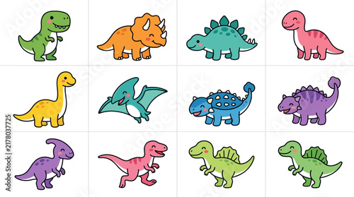 Set of cute colorful cartoon dinosaur characters illustration.