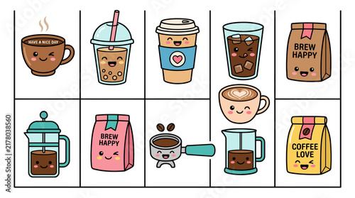 Set of cute kawaii coffee icons and beverages.