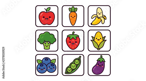 Set of cute kawaii fruits and vegetables icon collection.