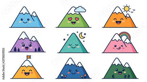 Set of Cute Kawaii Mountain Character Illustrations.
