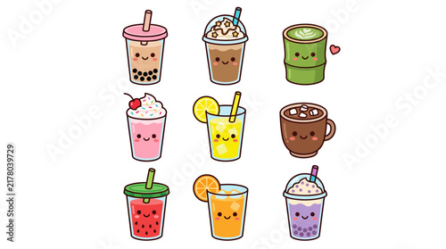 Set of cute kawaii style drinks and beverages with happy faces.