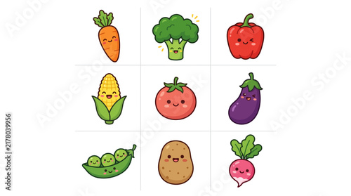 Set of cute kawaii vegetable icons with smiling faces.