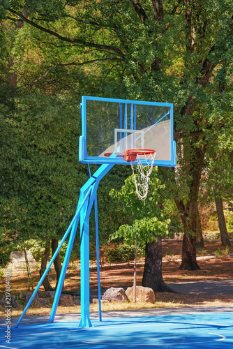 Basketball hoop with stand and net on base in public park. Montenegro, Tivat