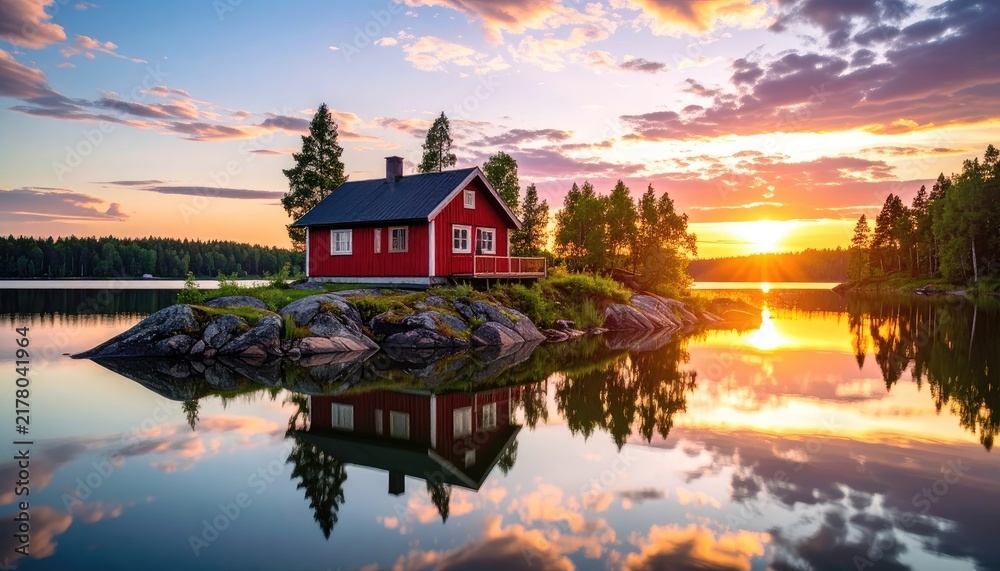 Obraz premium A picturesque red cabin sits on a rocky island in a serene lake during a vibrant sunset.