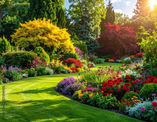 A vibrant and lush garden landscape bathed in sunlight.