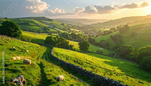 Rolling green hills dotted with sheep under a golden sunset sky.