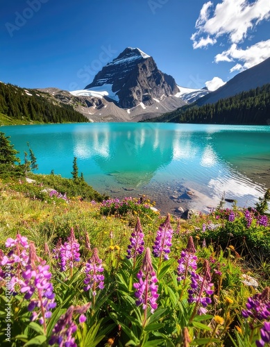 Vibrant turquoise lake mirrors a majestic snow-capped mountain amidst a field of purple lupines under a clear blue sky.