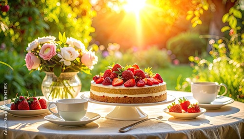 A delightful strawberry cake served outdoors on a sunny day.