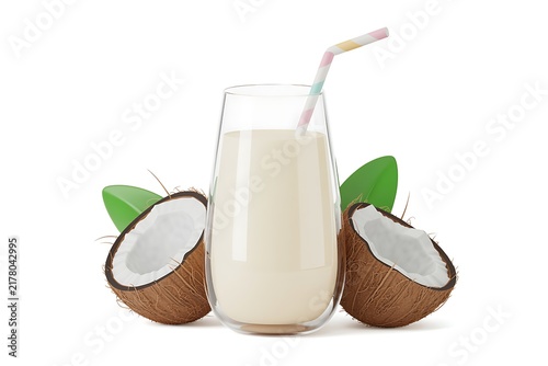 3D Cartoon Coconut Milk in Glass with Striped Straw and Coconut Halves Isolated on White Background