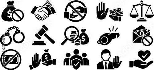 Foto Set of black and white corruption and anti-bribery icons representing ethical business practices and legal compliance