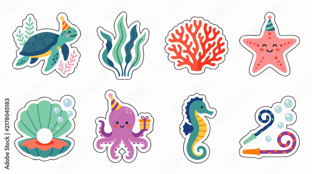 Obraz premium Cute underwater sea creature sticker set with colorful party hats, octopus, turtle, starfish, seashell, and party blowouts, concept for ocean birthday celebration design, suitable for scrapbooking