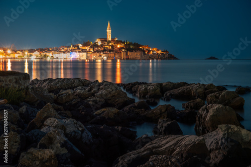 Rovinj Old Town Illuminated at Night on the Adriatic Coast, Croatia
