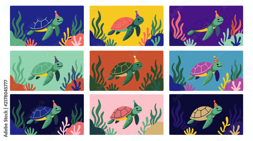 Obraz premium Whimsical sea turtle vector set with colorful party hats swimming underwater among seaweeds, concept for festive marine birthday celebration, ideal for greeting card design, banner layout and party