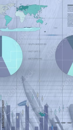 Animation of digital infographic interface over pencils and crayons and pins on white paper