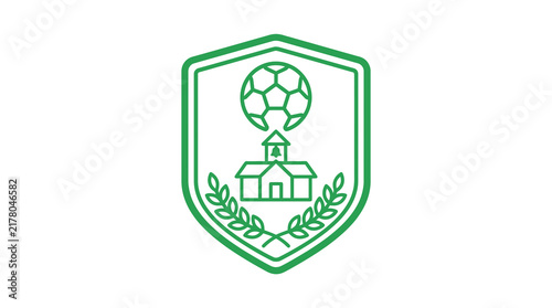 Green soccer academy crest with building and leaves.