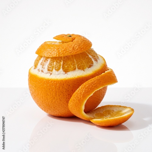 Creative concept of peeled orange fruit with spiral skin isolated on white studio background.