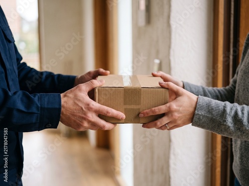 Delivery man in uniform handing a small cardboard box to a woman at her home doorway.