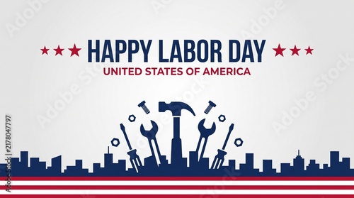 Labor day happy labor day united states of america with tools and city skyline silhouette