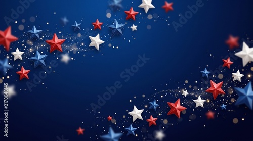 Labor day patriotic background with 3d red, white, and blue stars and sparkling glitter