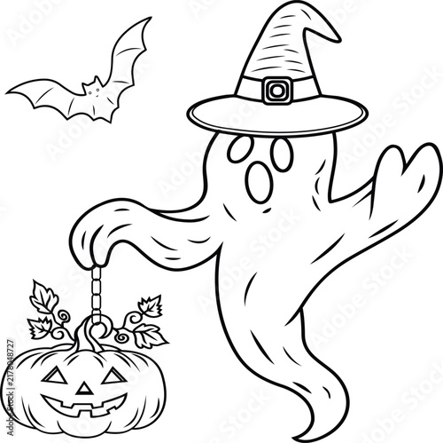 Cute ghost wearing a witch hat holding a carved pumpkin