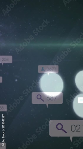 Floating animation of search icons and numbers over dark abstract digital background